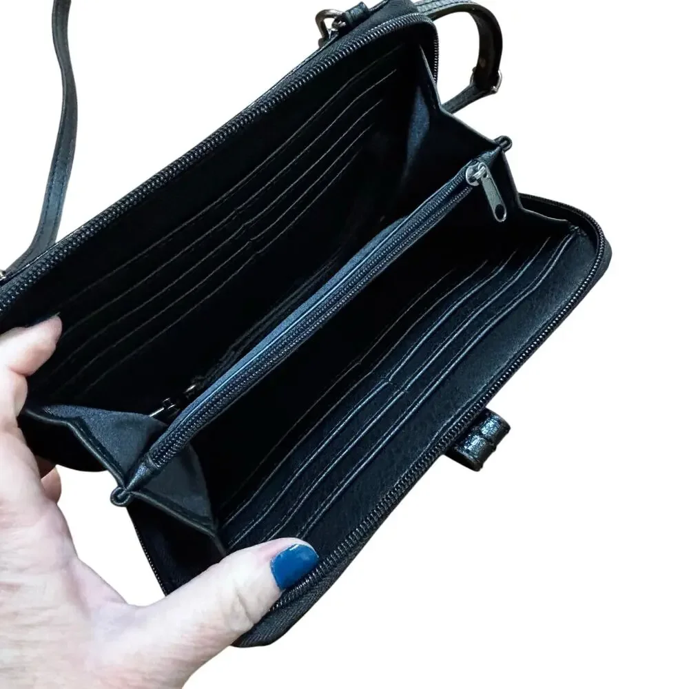 THE SAK black leather clutch purse wristlet crossbody bag zip around wallet
